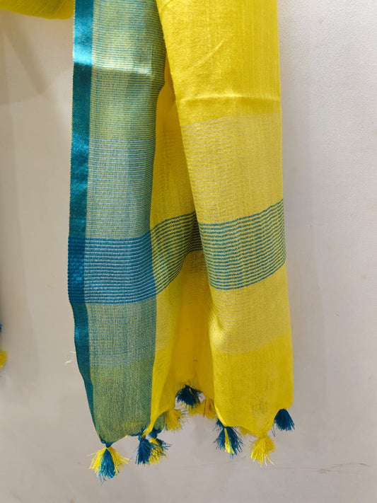 Handloom-Inspired Linen Dupatta with Bright Yellow, Silver & Teal Elegance