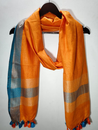 Handloom Inspired Linen Dupatta with Orange, Silver & Teal Elegance
