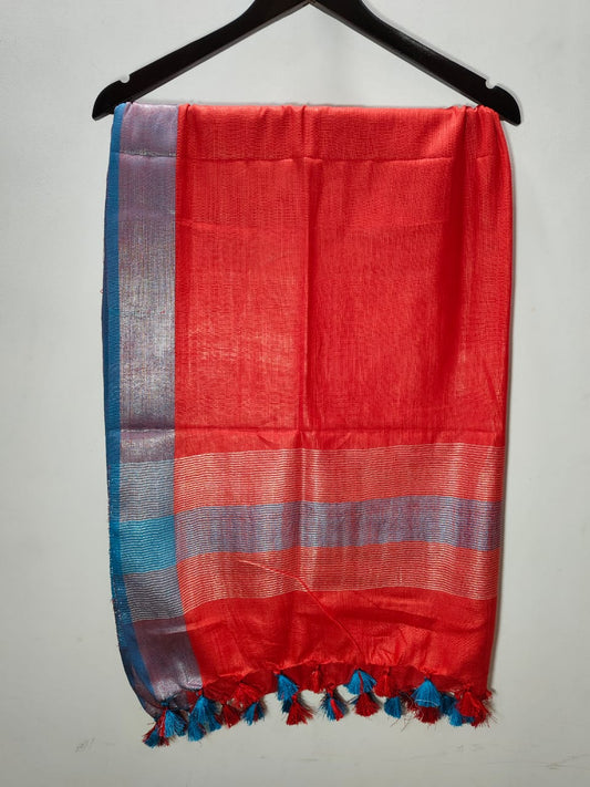 Handloom-Inspired Linen Dupatta with Crimson Red, Silver & Teal Elegance