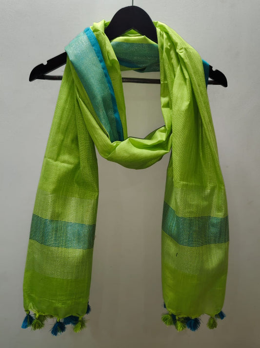 Handloom-Inspired Linen Dupatta parrot green Lime Green, Silver & Teal Elegance