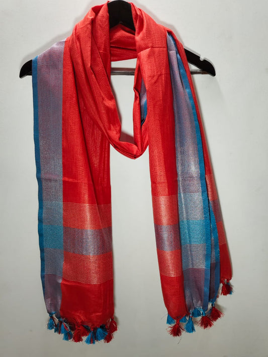 Handloom-Inspired Linen Dupatta with Crimson Red, Silver & Teal Elegance