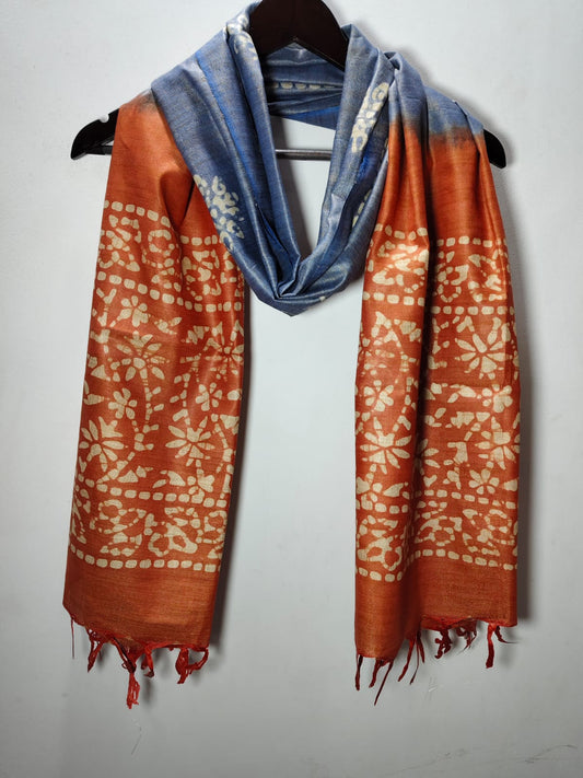 Traditional Batik Print Dupatta with Rust Orange & Indigo Blue