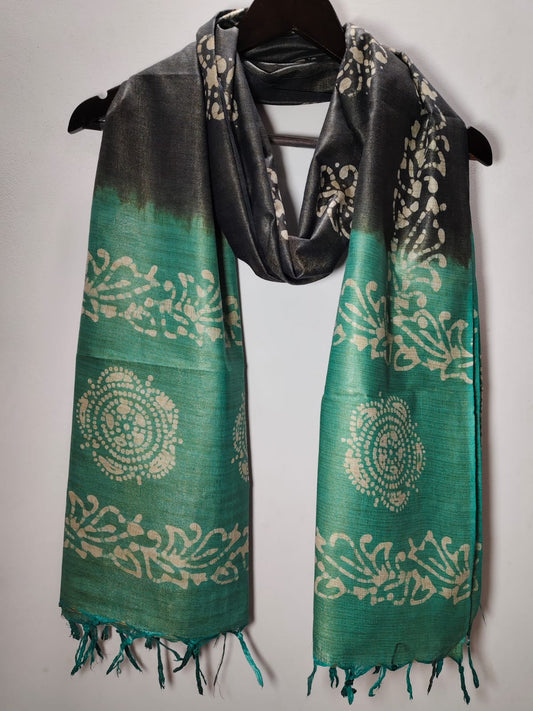 Traditional Batik Print Dupatta with Charcoal Black & Sea Green
