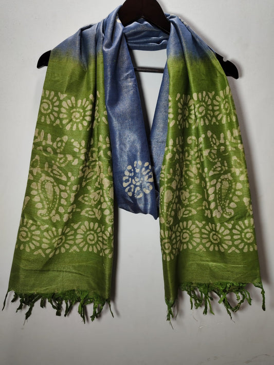 Traditional Batik Print Dupatta Indigo Blue & Olive Green