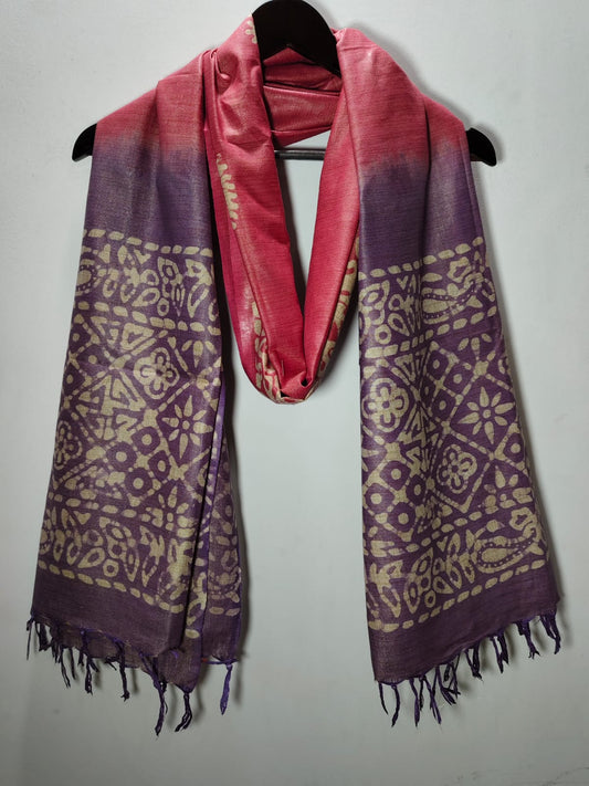Traditional Batik Print Dupatta with Coral Pink & Purple