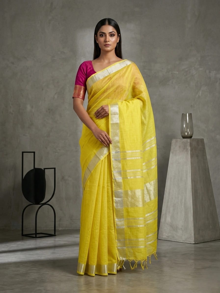 Elegant Lemon Yellow Linen Saree with Silver Contrast Border & Designer Pallu
