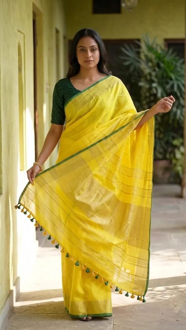 Elegant Bright Yellow Linen Saree with Contrast Bottle Green Border & Designer Silver Pallu |