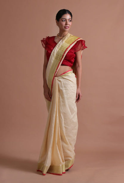 Elegant White Linen Saree Ivory White with Red Contrast Border & Designer Pallu