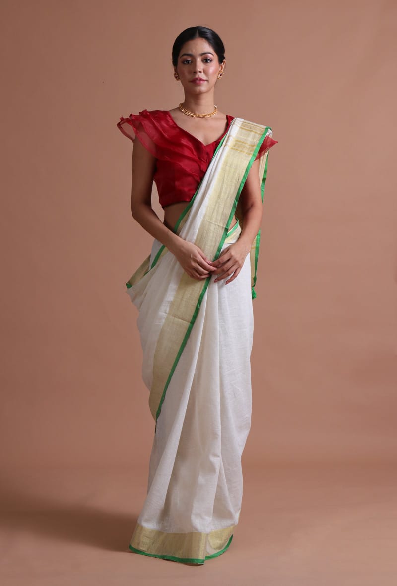 Elegant White Linen Saree with Emerald Green Piping Contrast Border & Designer Pallu