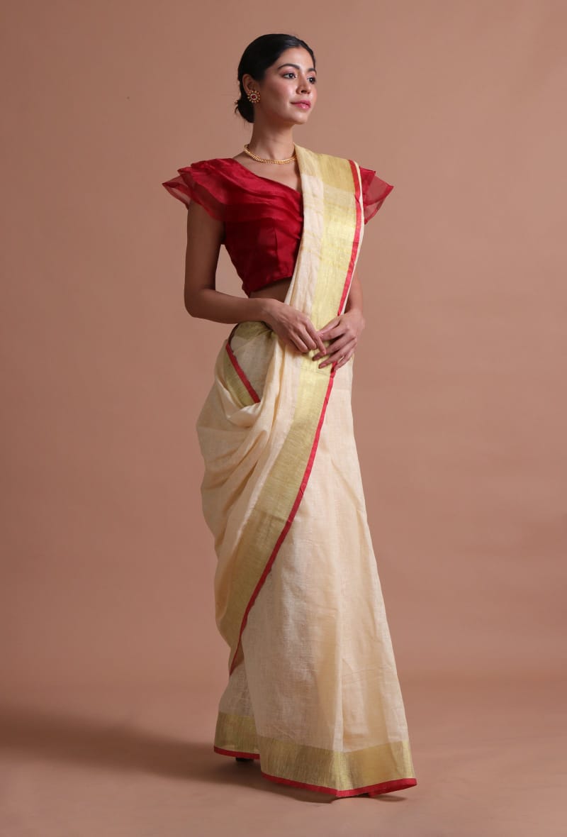 Elegant White Linen Saree Ivory White with Red Contrast Border & Designer Pallu