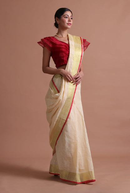 Elegant White Linen Saree Ivory White with Red Contrast Border & Designer Pallu