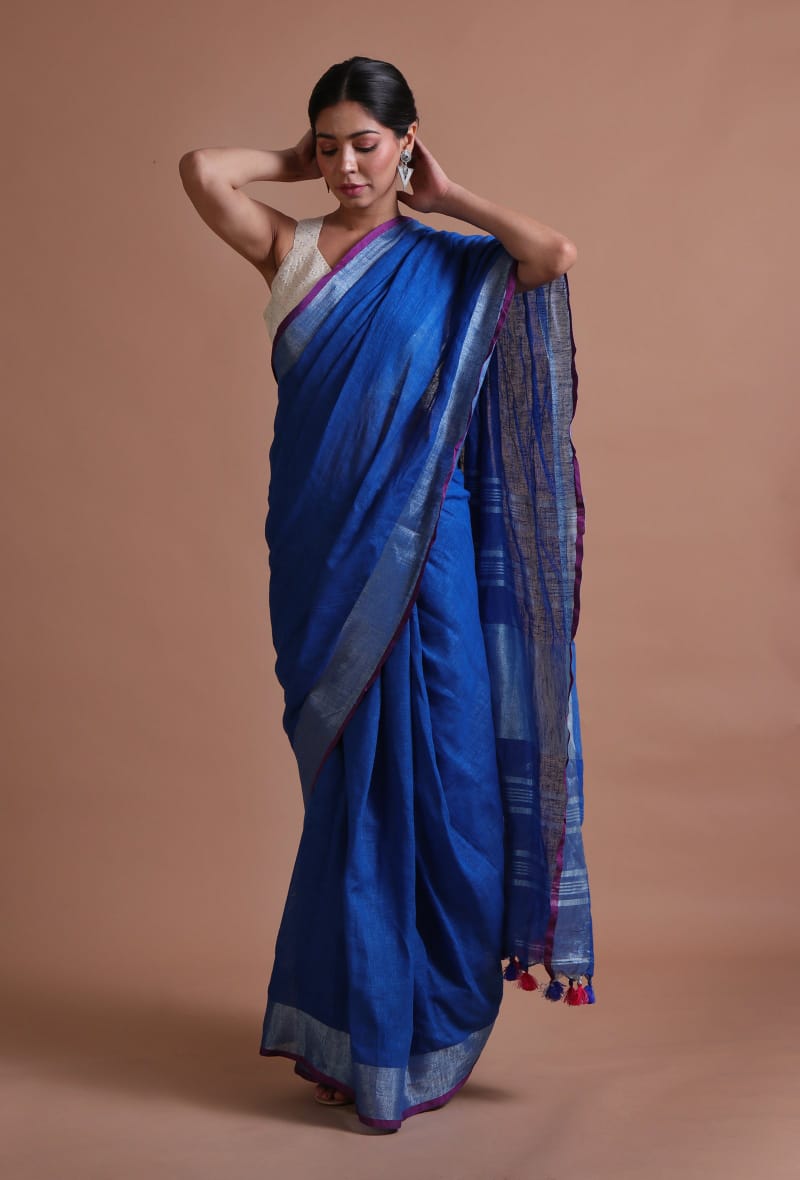 Elegant Dark Blue Linen Saree with Silver And Purple Contrast Border & Designer Pallu