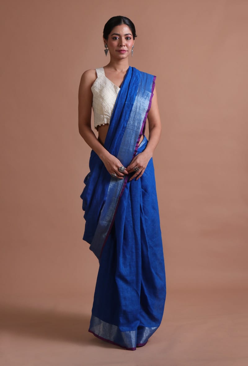 Elegant Dark Blue Linen Saree with Silver And Purple Contrast Border & Designer Pallu