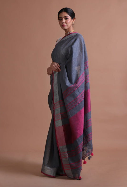 Elegant Linen Saree Dark Grey with Silver & Pink Contrast Border & Designer Pallu