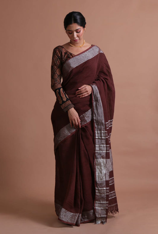 Elegant Linen Saree with Coffee Brown And Silver Contrast Border & Designer Pallu