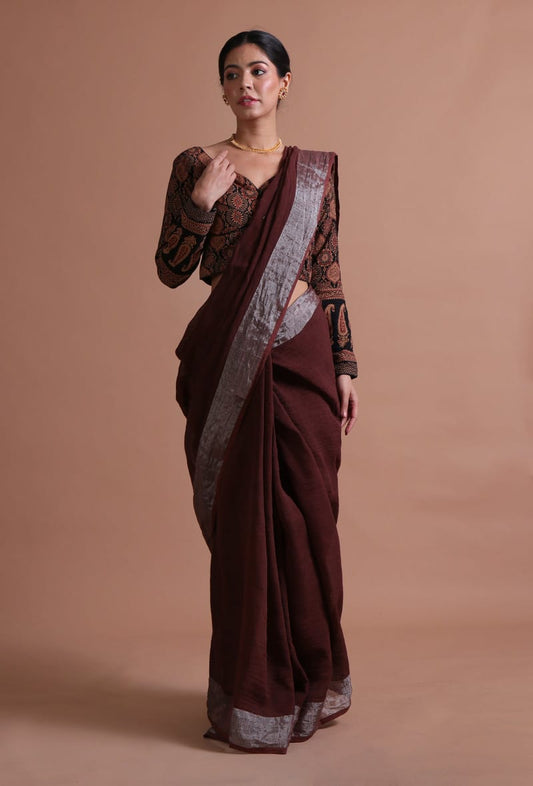 Elegant Linen Saree with Coffee Brown And Silver Contrast Border & Designer Pallu