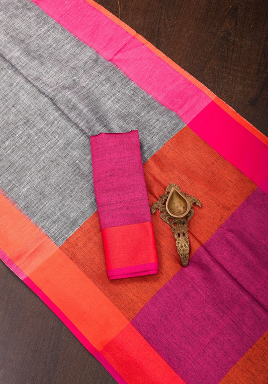 Elegant Linen Saree with Charcoal Grey Orange & Pink Contrast Border & Designer Pallu