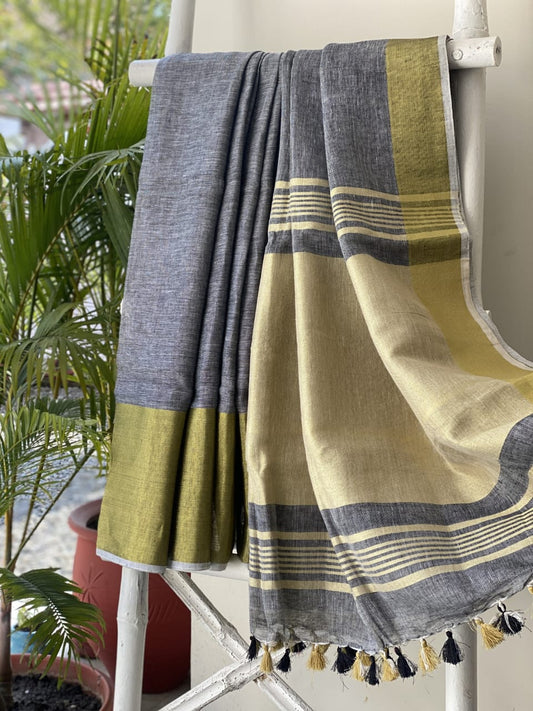 Elegant Linen Saree with Steel Grey Melange with Olive Gold Contrast Border & Designer Pallu