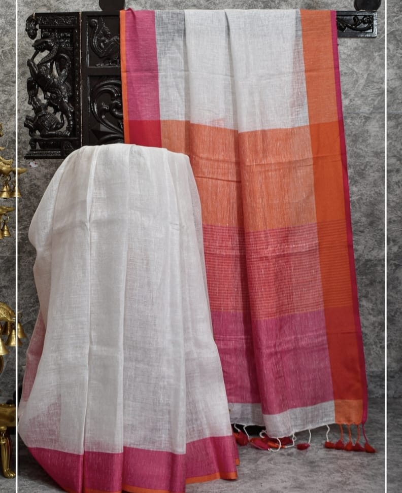Elegant White Linen Saree with Orange & Pink Contrast Border & Designer Pallu