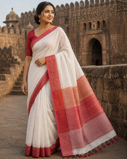 Elegant White Linen Saree with Orange & Pink Contrast Border & Designer Pallu
