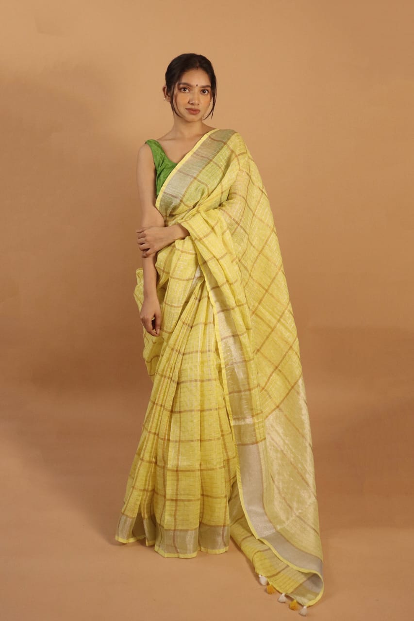 Premium woven checks Yellow Linen Saree with Beige Border