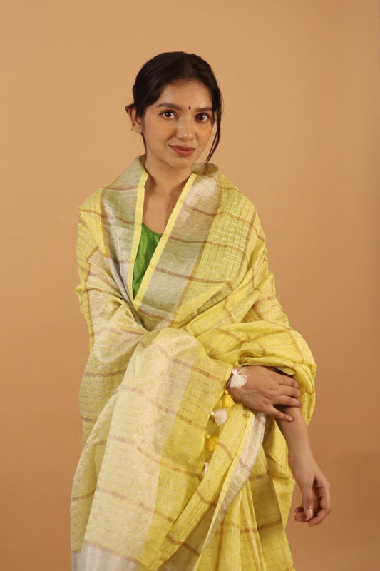 Premium woven checks Yellow Linen Saree with Beige Border