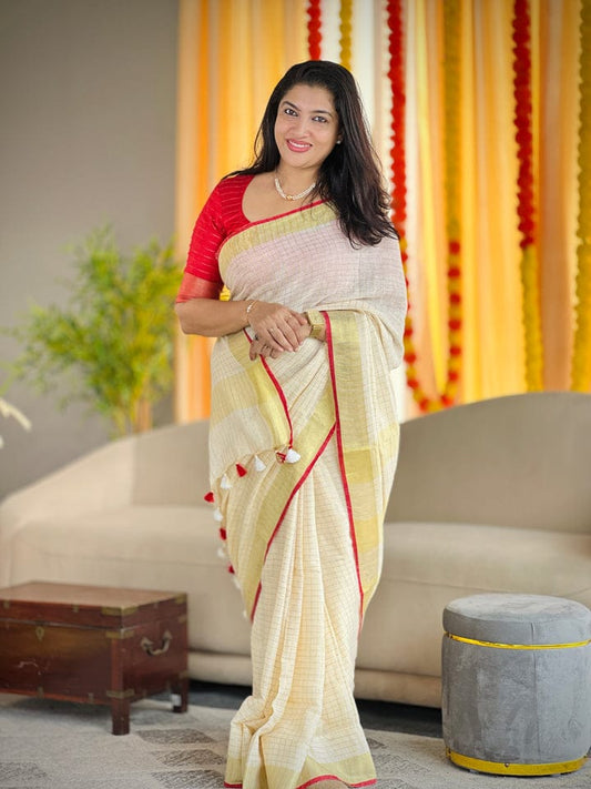 Premium woven Off White Linen Saree with Beige Border & Red Accent