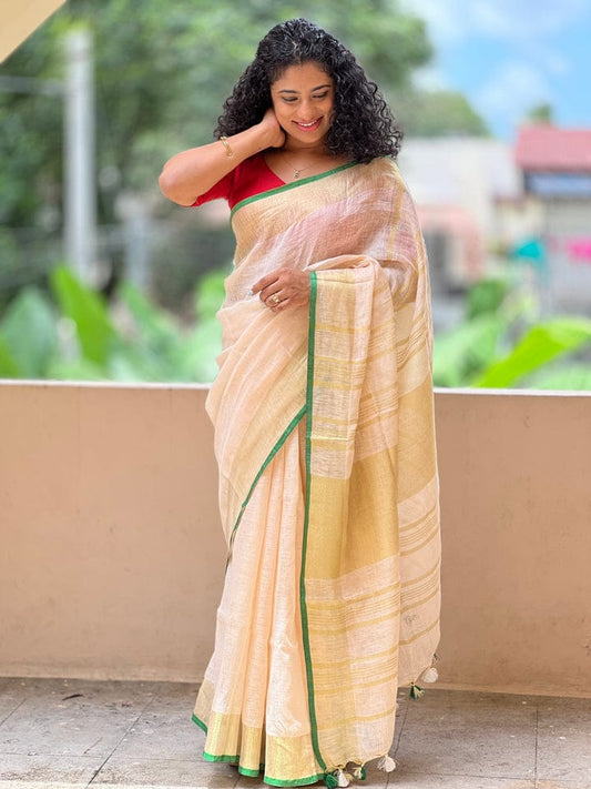 Premium woven checks Beige Linen Saree with Gold Border & Green Accent