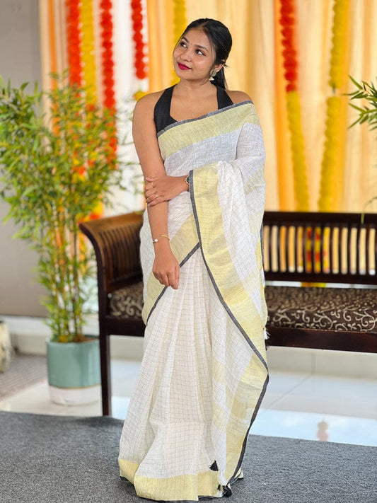 Premium woven checks White Linen Saree with Gold Border & Grey Accent