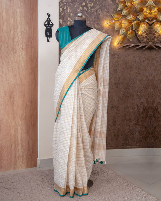 Premium woven checks White Linen Saree with Beige  Border & Teal Accent