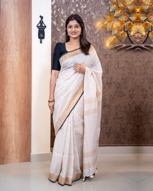 Premium woven checks Off White Linen Saree with Beige Border & Black Accent