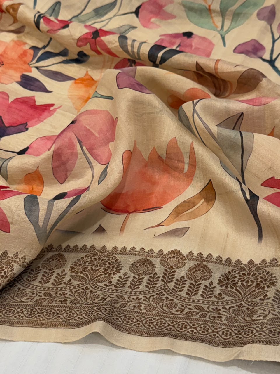 Watercolor Lotus Tussar Silk Banarasi Saree with Digital Print