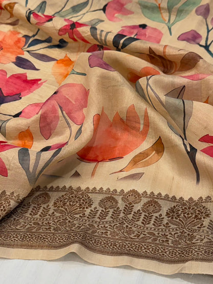 Watercolor Lotus Tussar Silk Banarasi Saree with Digital Print
