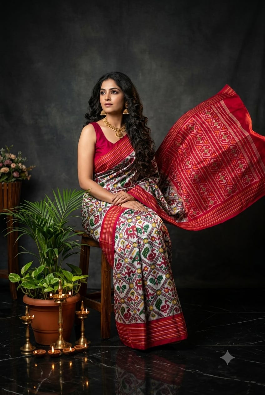 Designer Pure Ikkat Silk Saree with Rich Red Border