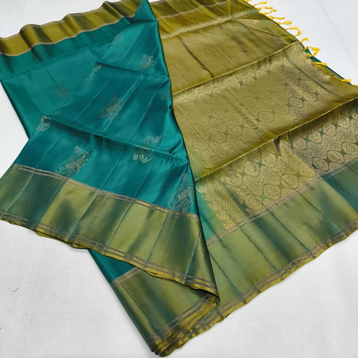 Elegant Semi Silk Saree - Peacock Teal & Olive Green Contrast Border Rich Woven Pallu