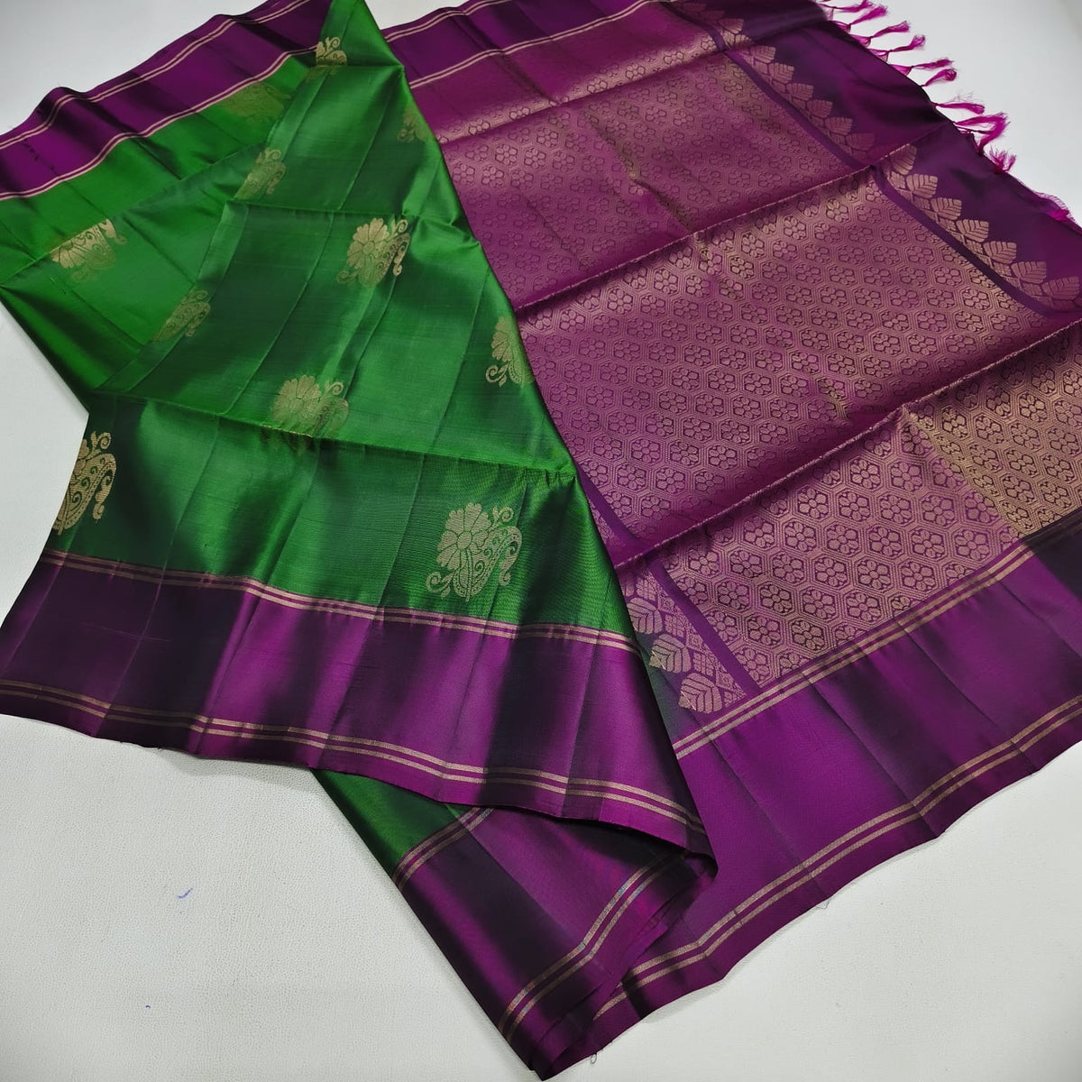 Emerald Grace Semi Silk Saree with Royal Purple Contrast Border & Rich Woven Pallu