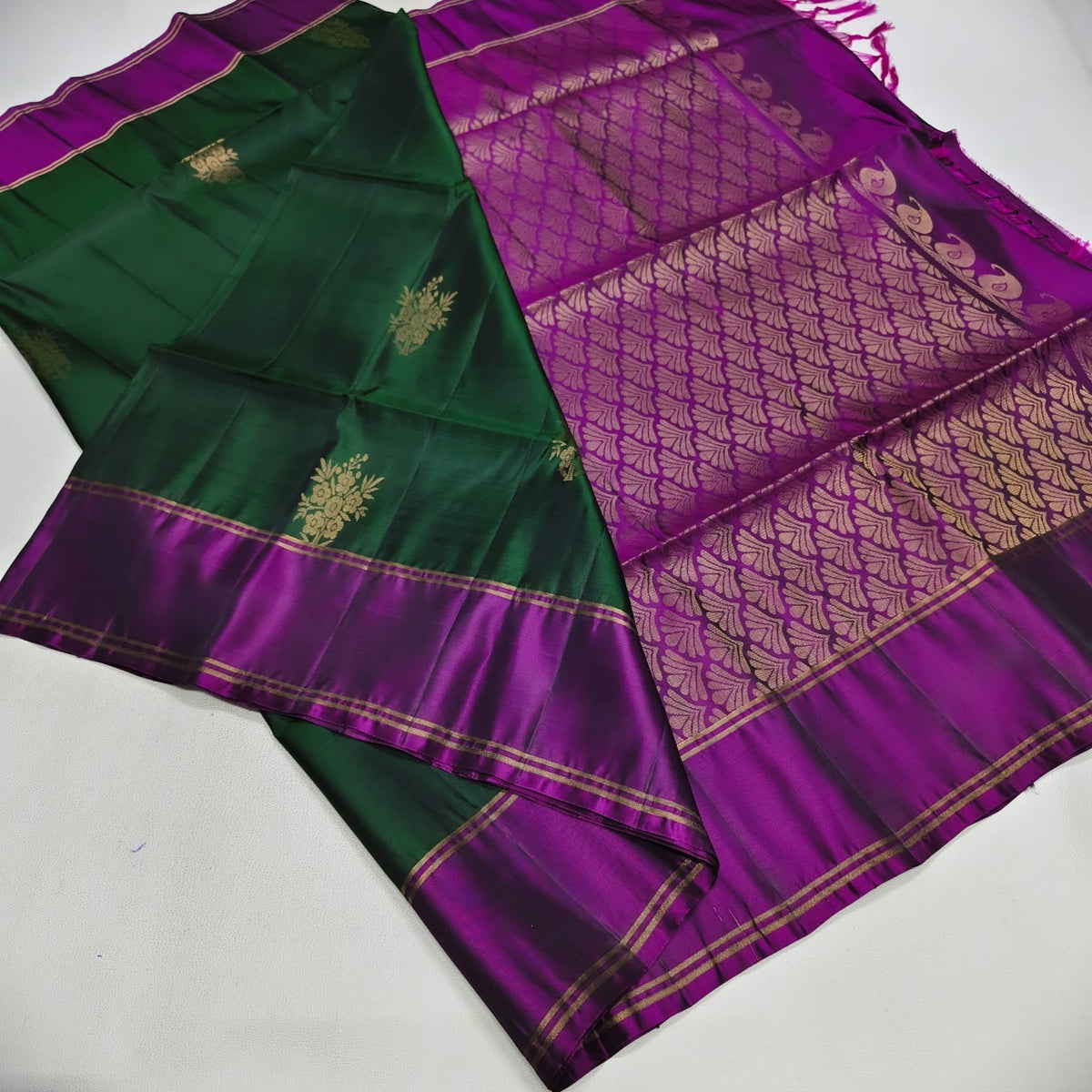Emerald Grace Semi Silk Saree with Dark Green Royal Purple Contrast Border & Rich Woven Pallu