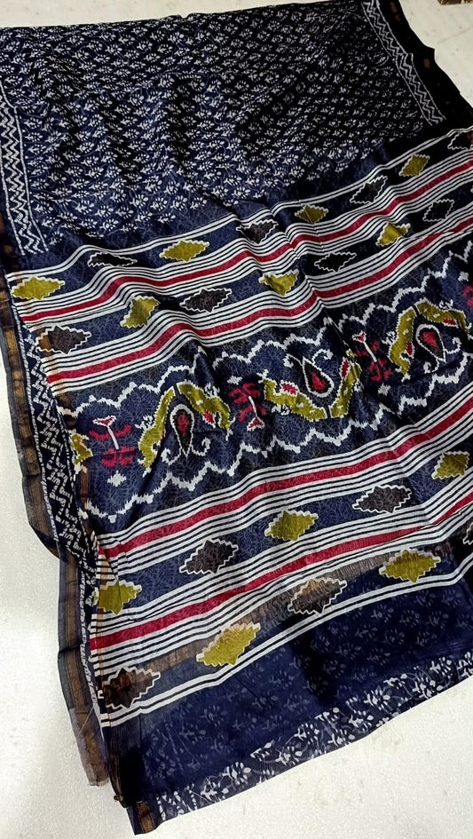 Hand Block Print Chanderi Silk Saree with Navy Blue & Olive Green Navy Blue & Olive Green Motifs