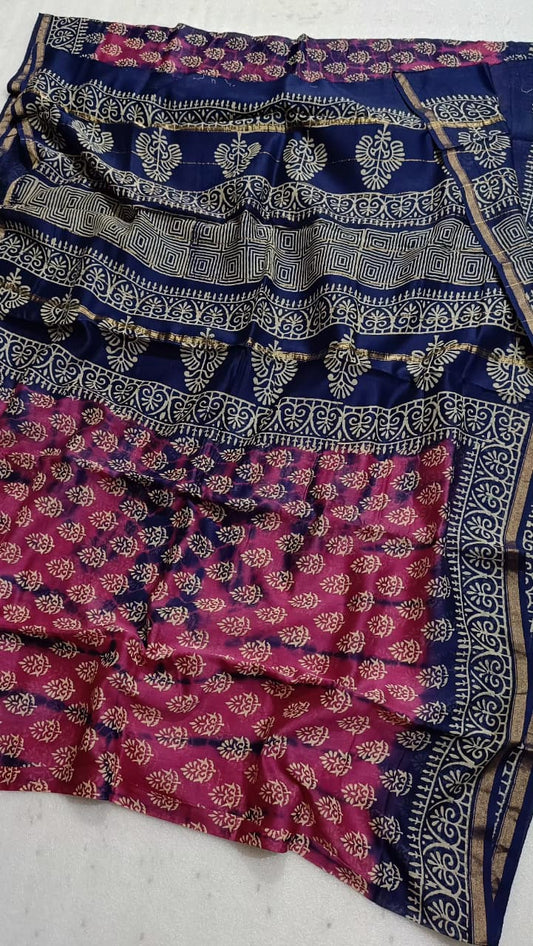 Hand Block Print Chanderi Silk Saree with Pink & Navy Blue Leaf Motifs