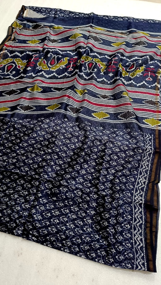 Hand Block Print Chanderi Silk Saree with Navy Blue & Olive Green Navy Blue & Olive Green Motifs