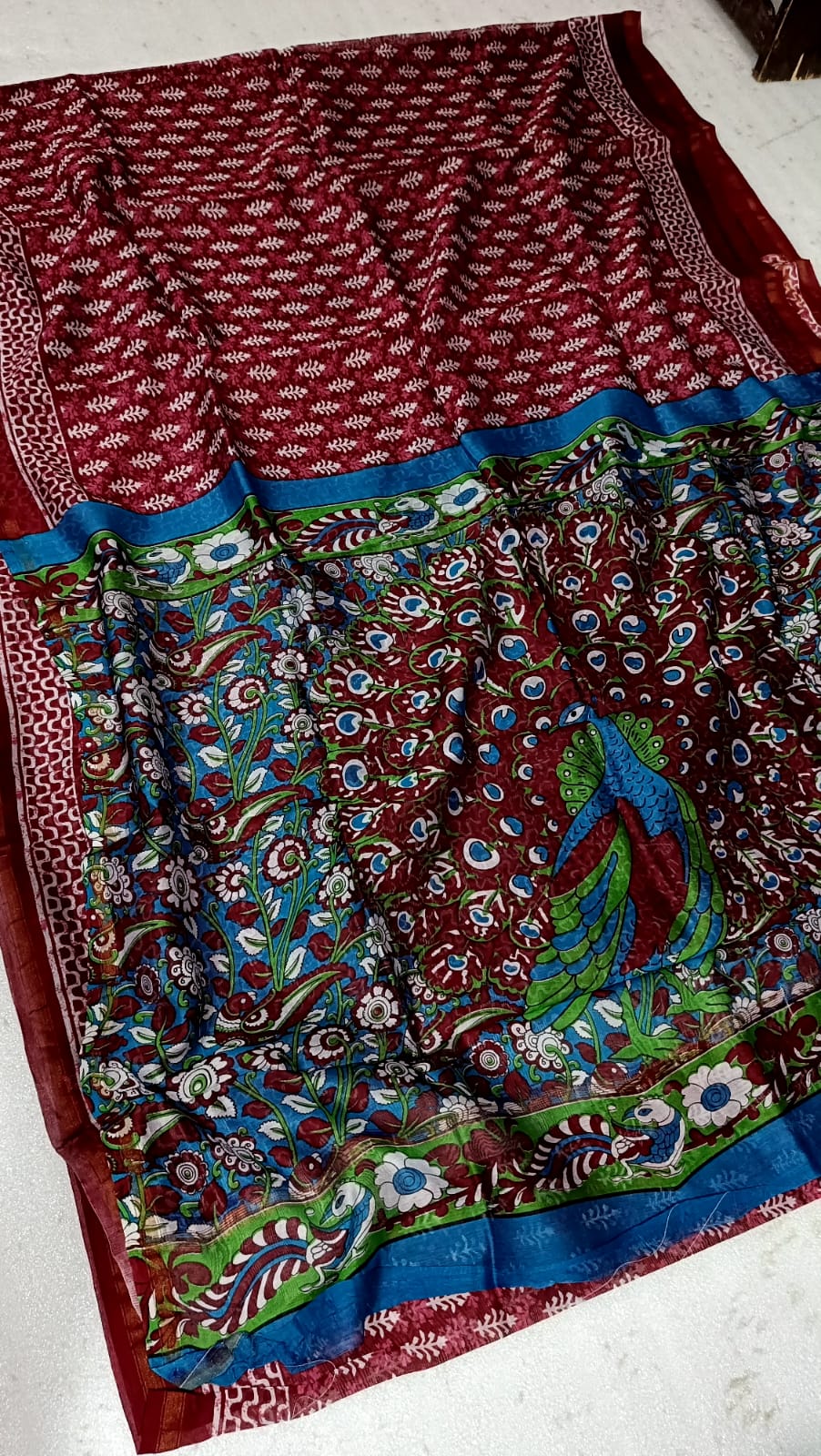 Hand Block Print Chanderi Silk Saree with Dark Maroon -Blue & Peacock Motif