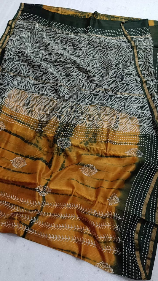 Hand Block Print Chanderi Silk Saree with Gold Yellow & Forest Green Geometric Print Motifs