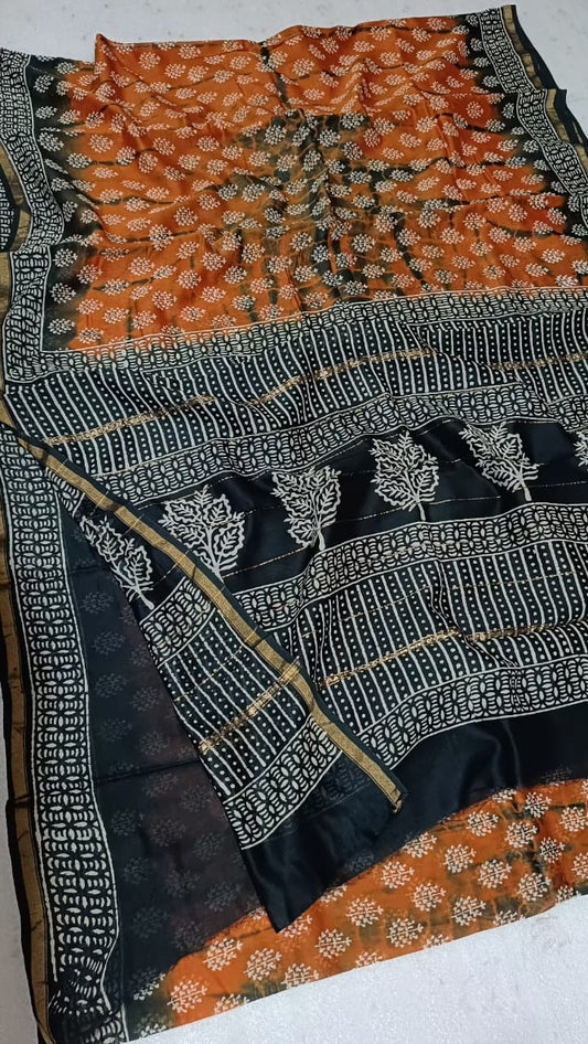 Hand Block Print Chanderi Silk Saree with Orange & Black Tree of Life Motifs