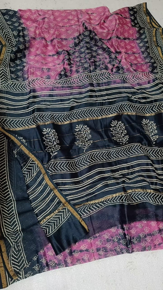 Hand Block Print Chanderi Silk Saree with Mauve Pink & Black Leaf Branch Motifs