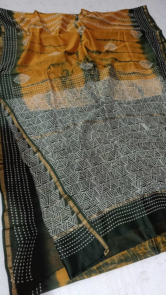Hand Block Print Chanderi Silk Saree with Gold Yellow & Forest Green Geometric Print Motifs