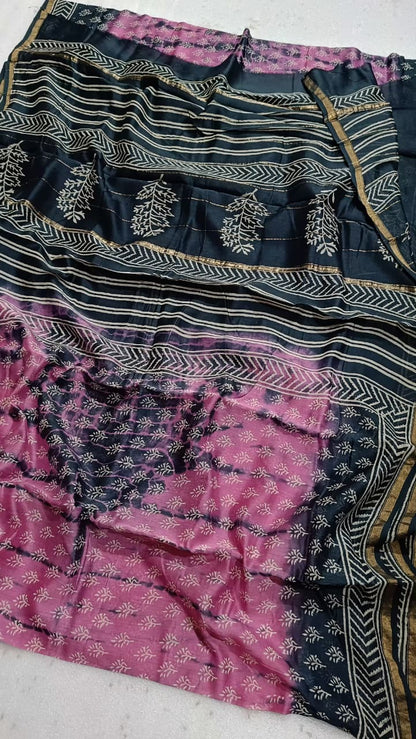 Hand Block Print Chanderi Silk Saree with Mauve Pink & Black Leaf Branch Motifs