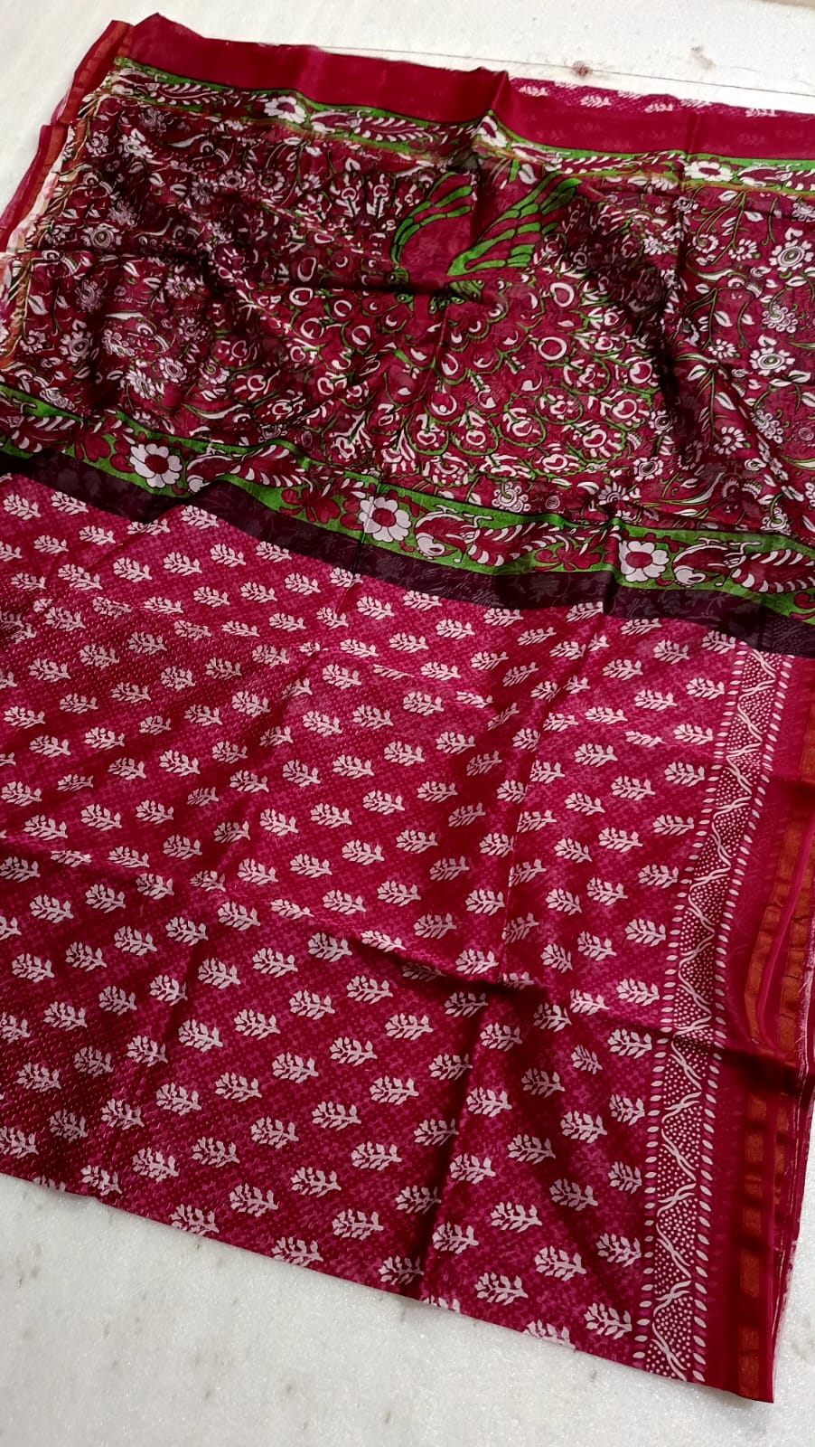 Hand Block Print Chanderi Silk Saree with Magenta Pink & Parrot Green Peacock Jaal Print Motifs