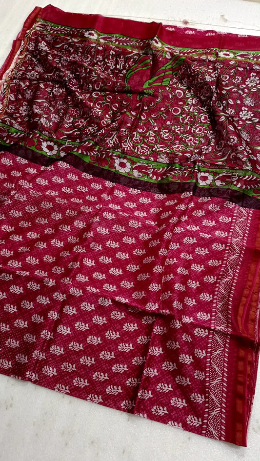 Hand Block Print Chanderi Silk Saree with Magenta Pink & Parrot Green Peacock Jaal Print Motifs