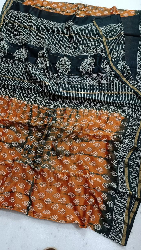 Hand Block Print Chanderi Silk Saree with Orange & Black Tree of Life Motifs