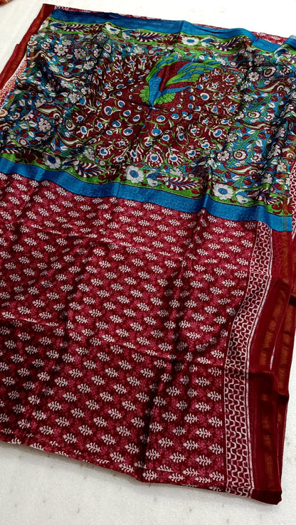 Hand Block Print Chanderi Silk Saree with Dark Maroon -Blue & Peacock Motif